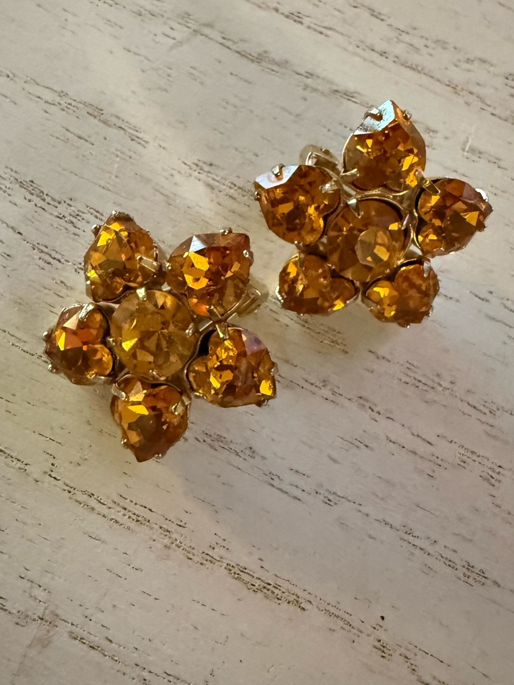 Vintage Amber Crystal Flower Clip-On Earrings